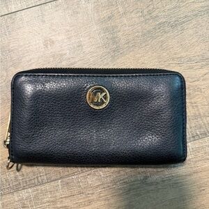 Michael Kors Black Leather Zip-Around Wallet with Gold MK Emblem